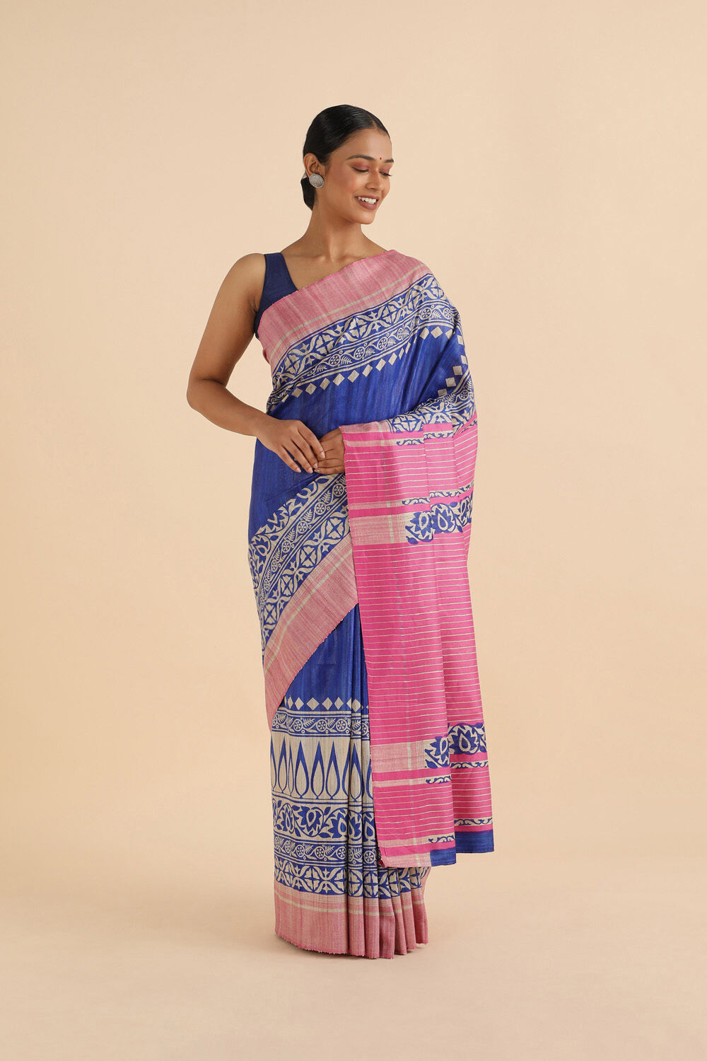 Blue Pure Tussar Silk Printed Saree image number null