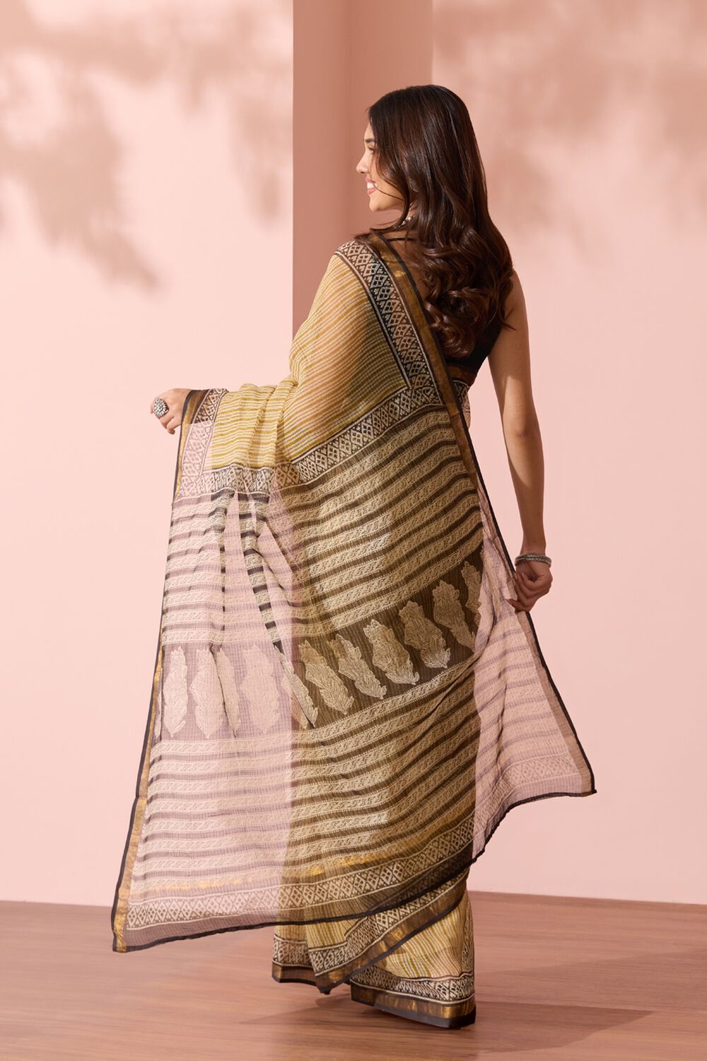 Yellow Rajasthan Bagru Block Printed Pure Cotton Kota Saree image number null
