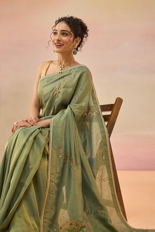 Green Viscose Tissue Embroidered Saree thumbnail image number null