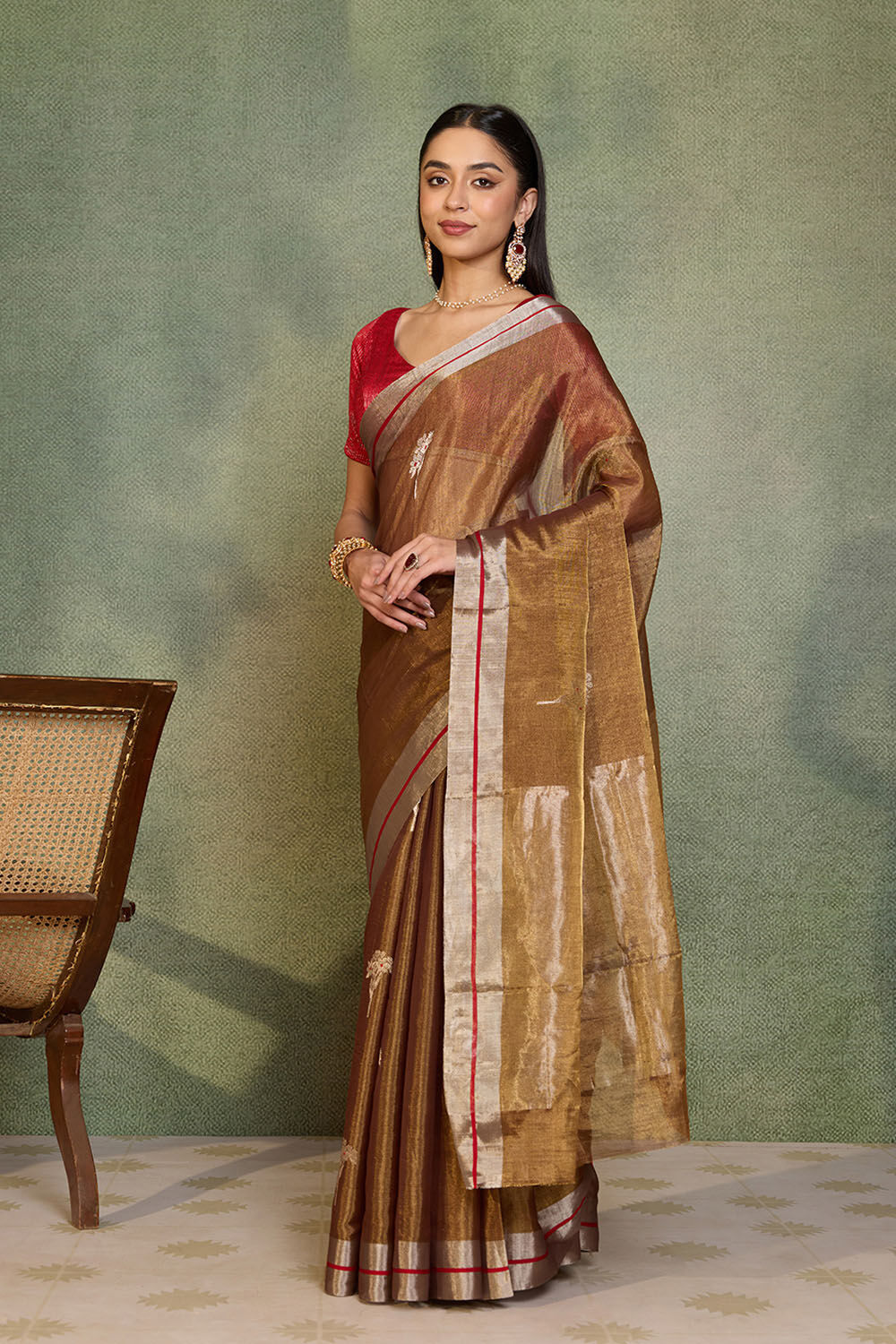 Brown Woven Pure Tissue Cotton Chanderi Saree image number null