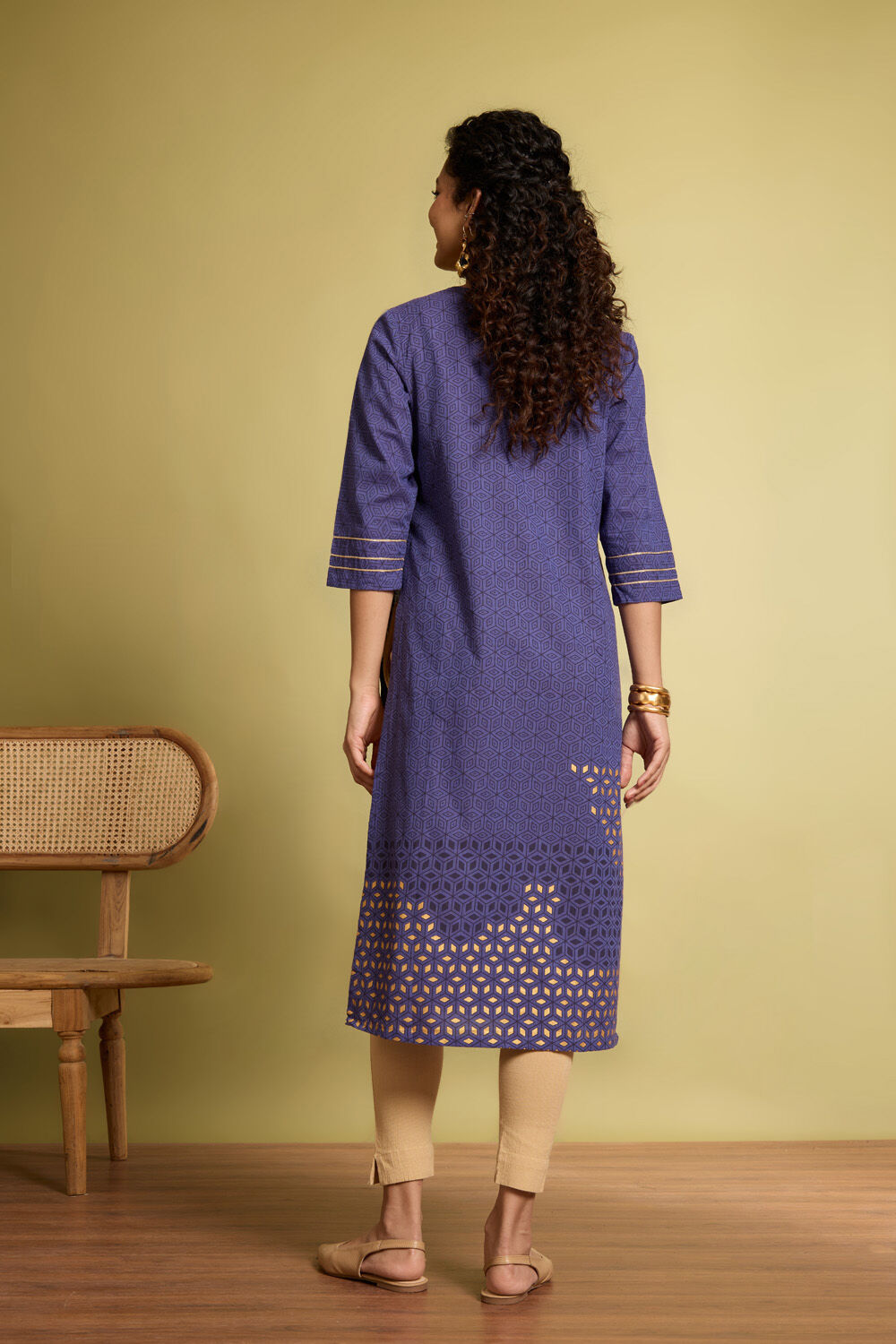 Blue Block Printed Pure Cotton Kurta image number null