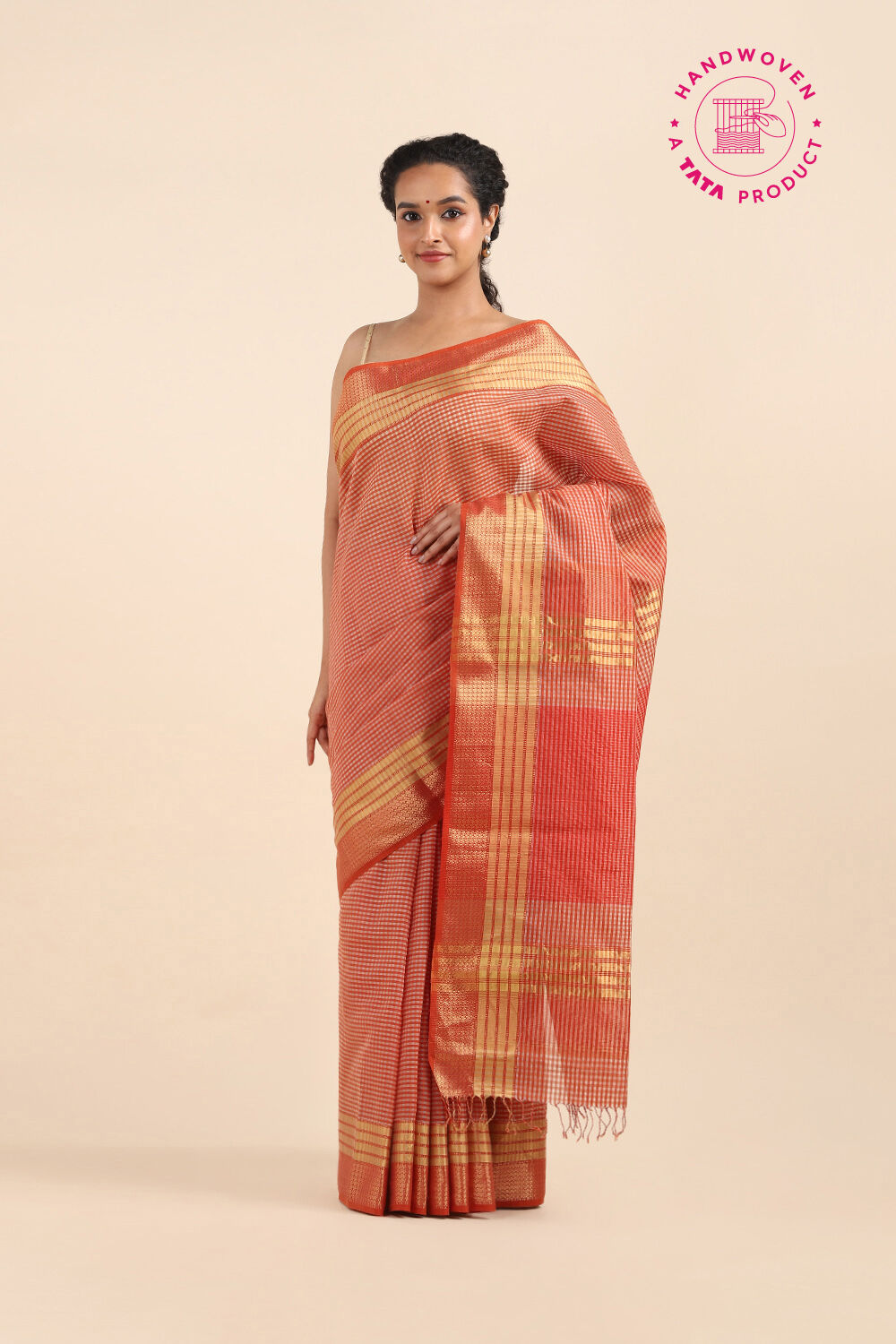 Red Pure Khadi Silk Cotton Maheswari Saree image number null