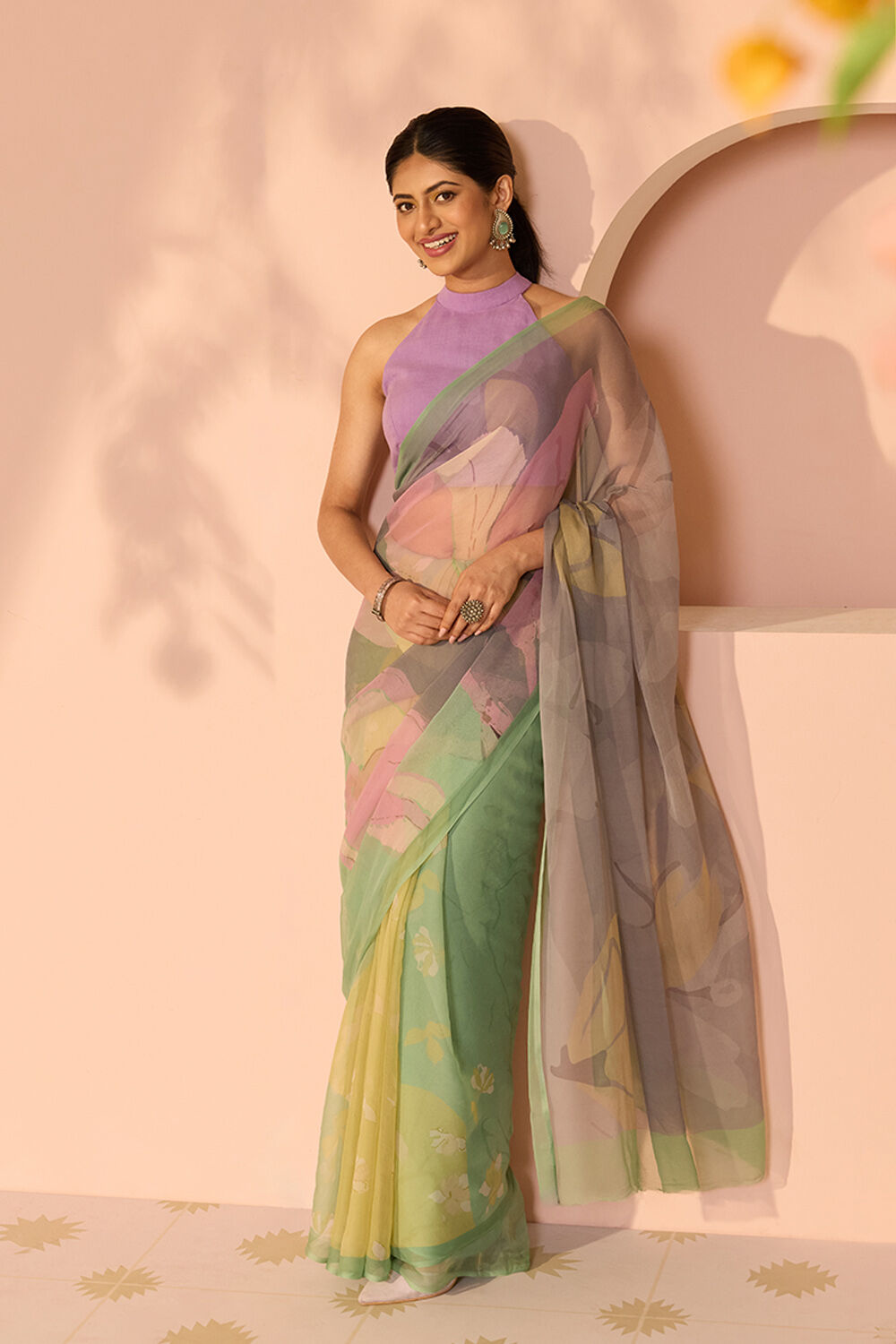 Green Printed Viscose Chiffon Saree image number null
