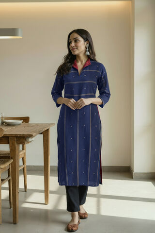Dark Blue Pure Cotton Woven Kurta image number