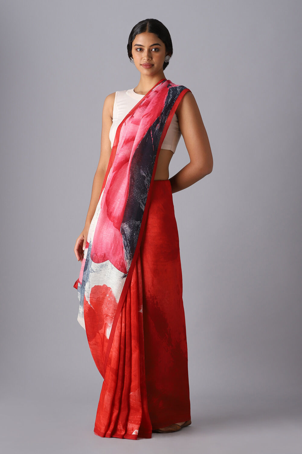 Red Pure Silk Linen Printed Saree image number null