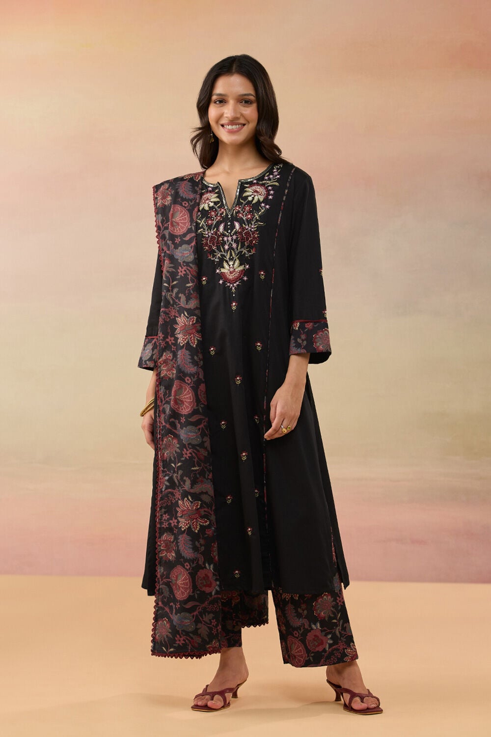 Black Pure Cotton Embroidered Kurta Set image number null