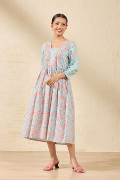 Light Blue Pure Cotton Printed Sanganeri Dress