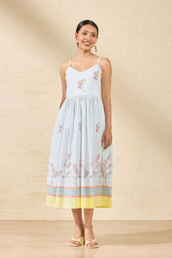 Off White Pure Cotton Printed Sanganeri Dress