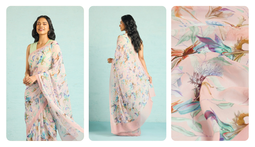 Pink Printed Viscose Georgette Saree