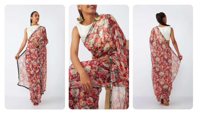 Red Digital Printed Viscose Chiffon Saree