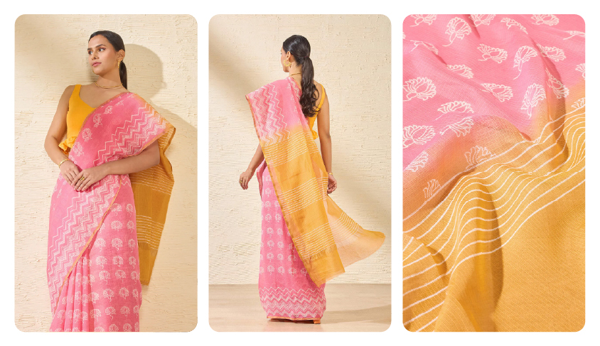 Pink Block Printed Kota Saree