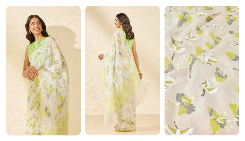 Off White Screen Printed Viscose Organza Saree