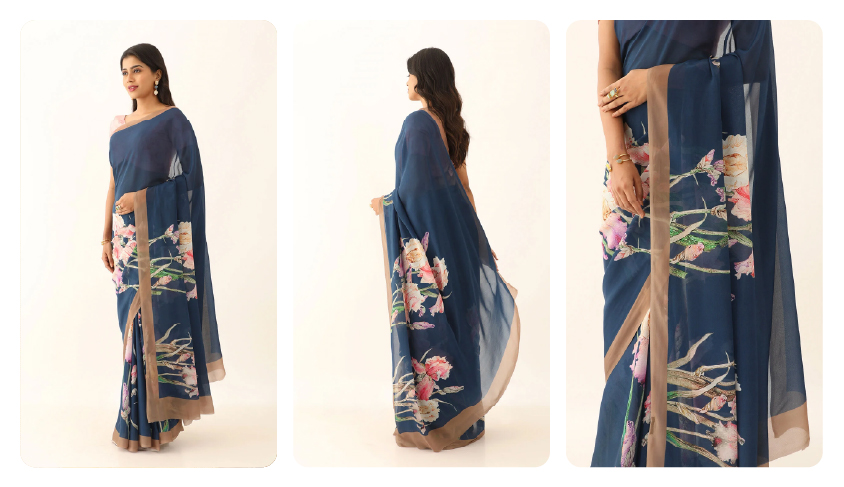 Blue Digital Print Viscose Crepe Saree: