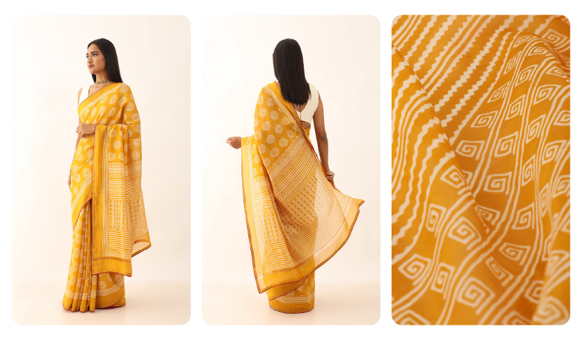 Yellow Pure Silk Cotton Bagru Printed Saree 
