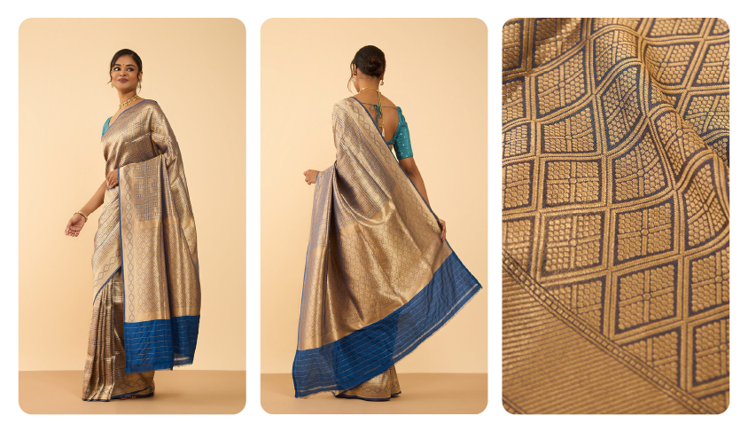 Brown and Blue Pure Silk Tissue Brocade Banarasi Saree