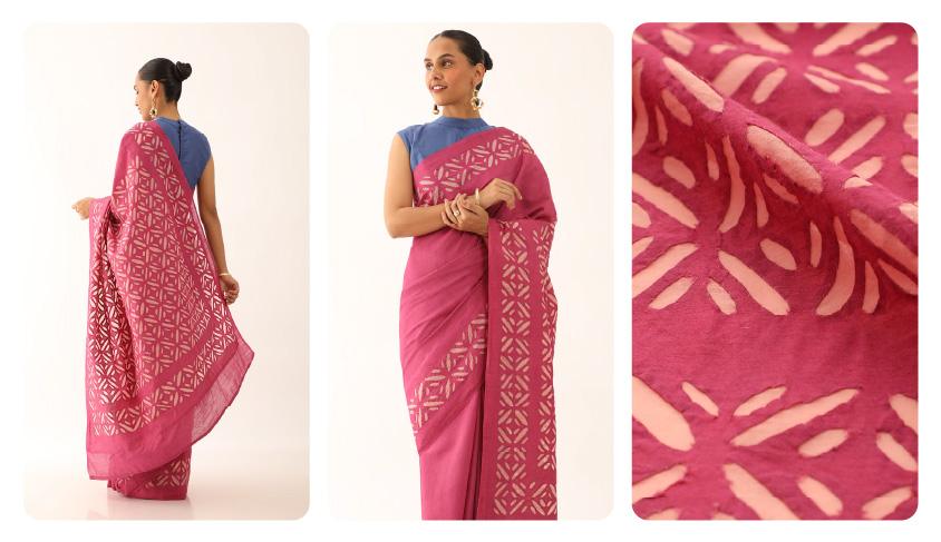  Dark Pink Craft Pure Tussar Silk Appliqué Saree