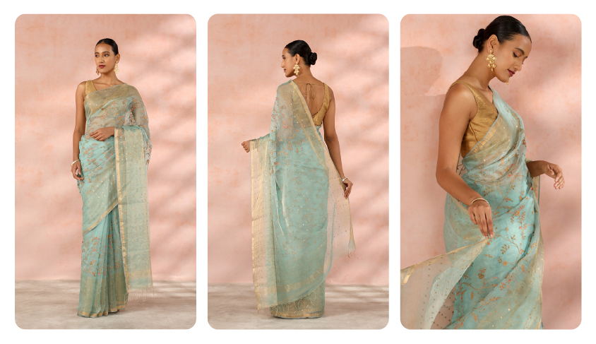 Light Blue Contemporary Pure Tissue Organza Embroidery Saree