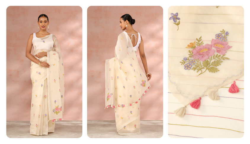 White Organza Saree with Embroidery