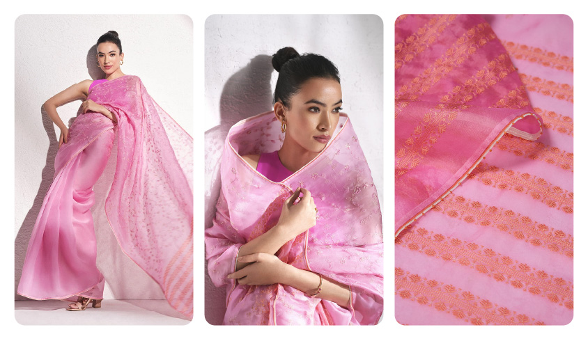 Pink Pure Silk Organza Embroidered Saree 