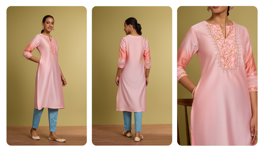 Silk Cotton Printed Embroidered Kurta 