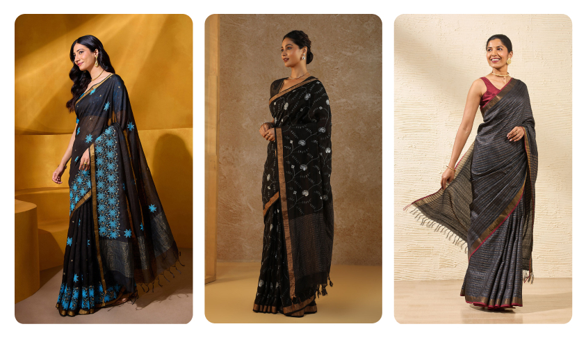 black linen embroidered saree