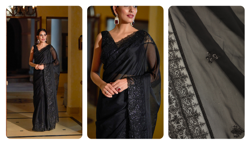 Black Viscose Organza Embroidery Saree