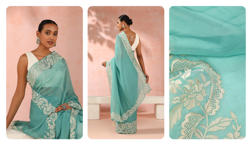 Blue Contemporary Viscose Organza Embroidery Saree
