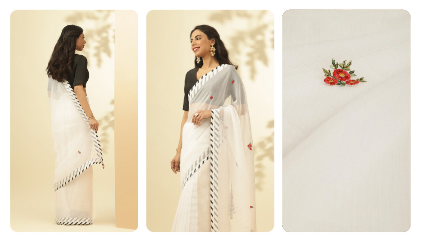 White Pure Kota Embroidered Saree