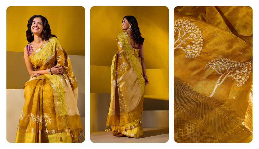 Yellow Pure Silk Organza Embroidered Saree
