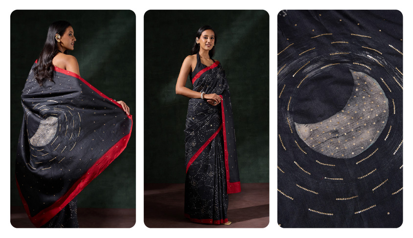  Black Tussar Muga Batik Saree
