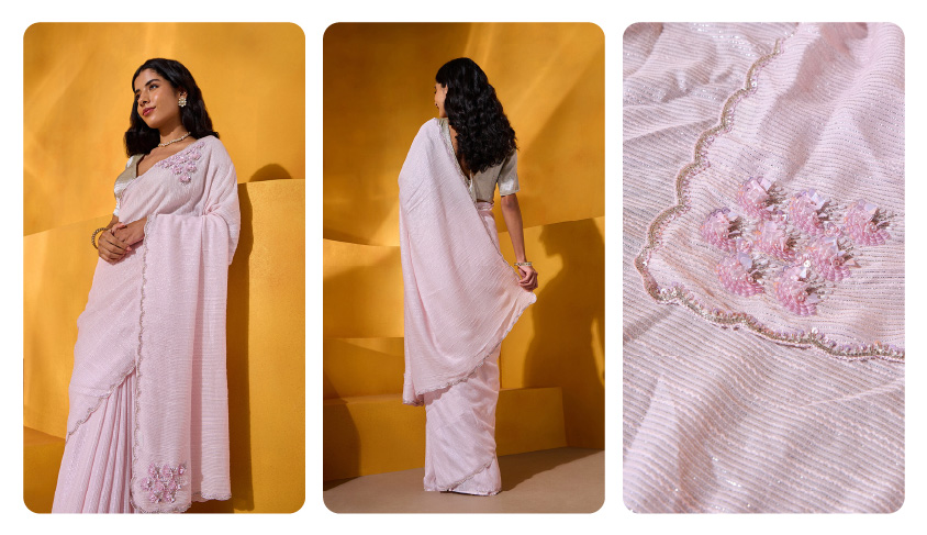 Light Pink Viscose Embroidered Saree