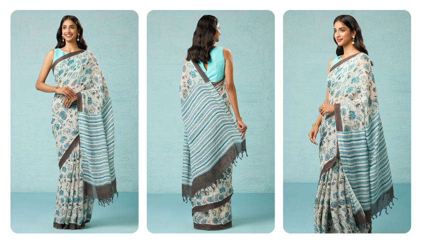 Off White Printed Pure Linen Saree