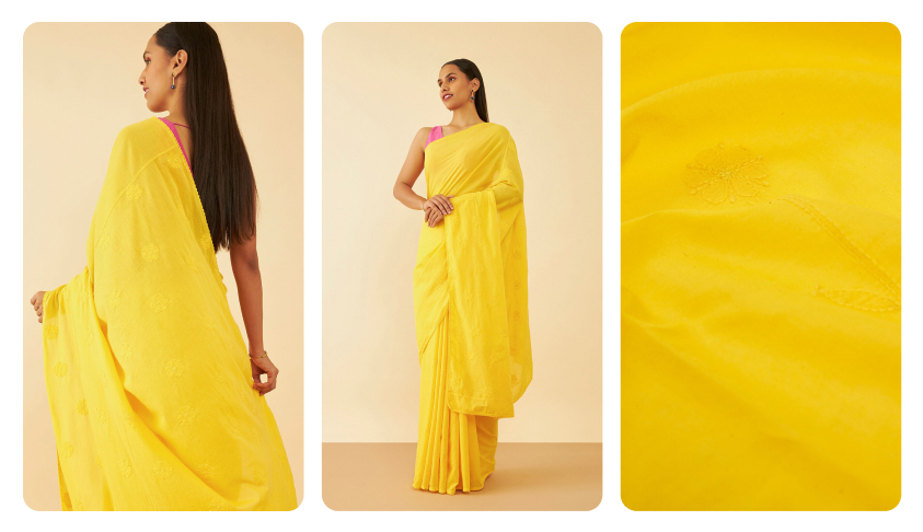 Yellow Cotton Chikankari Saree