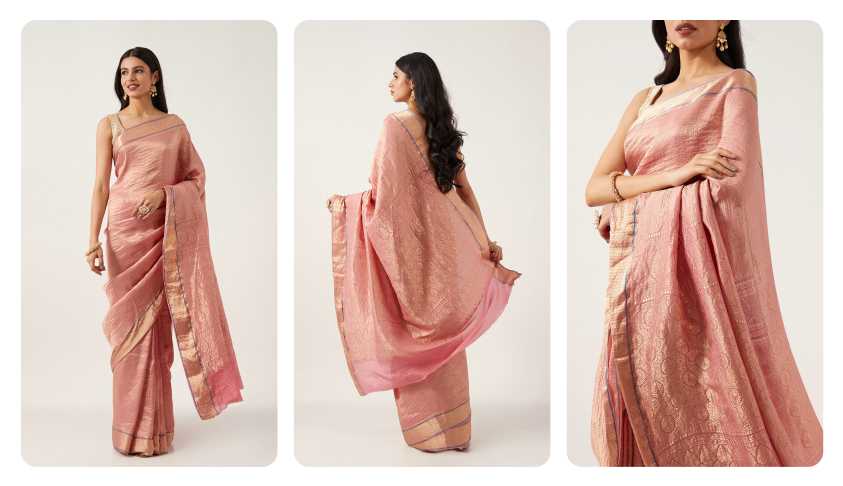 Peach-pink Crepe Woven Saree