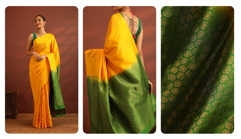 Yellow Pure Soft Silk Saree with Green Pallu