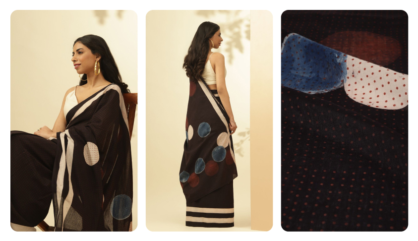 cotton block print black saree 