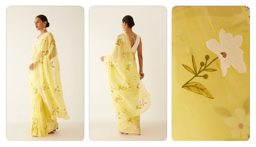 Yellow Viscose Organza Embroidered Saree