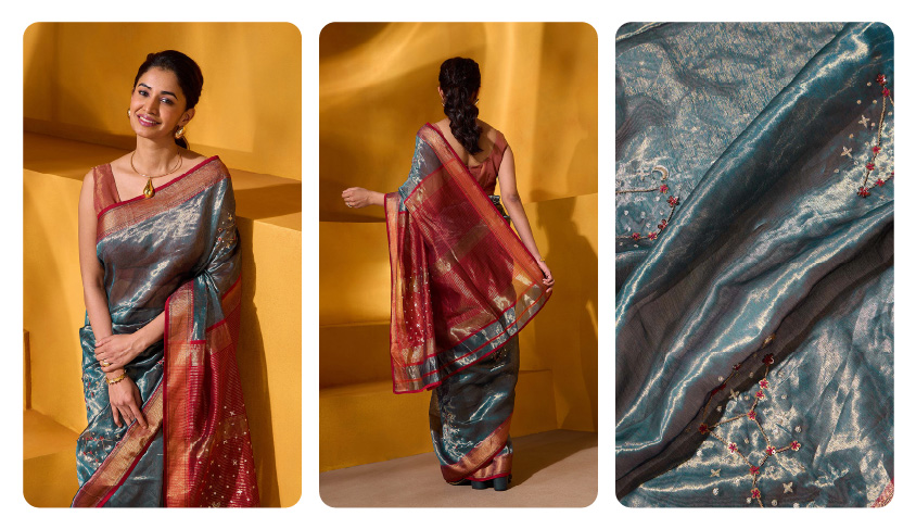 Blue Pure Silk Tissue Embroidered Saree 