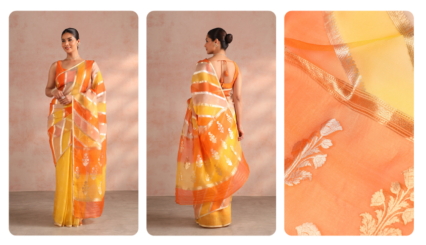 Orange and Yellow Pure Silk Organza Kadwa Banarasi Saree 