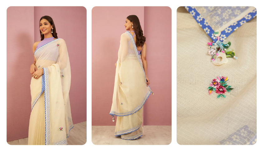 Beige Pure Kota Embroidered Saree: