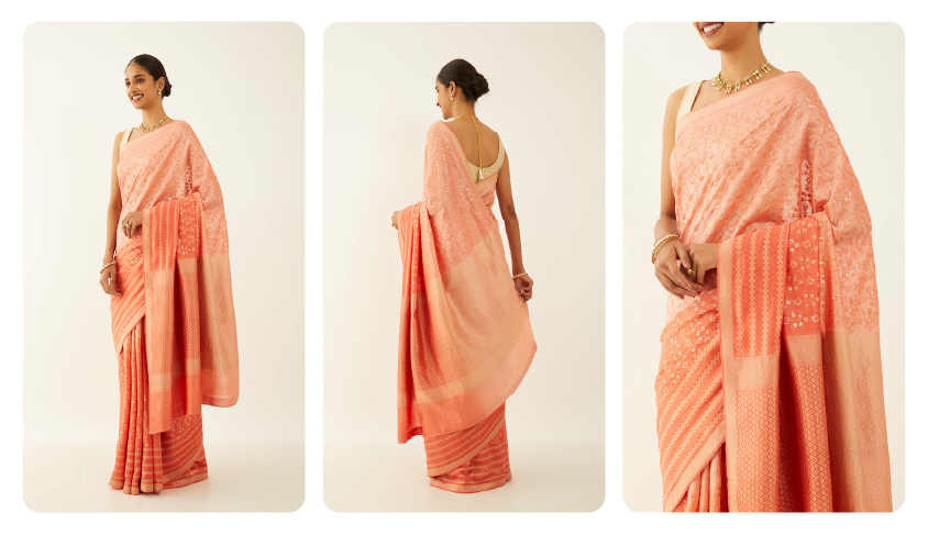 Light Orange Pure Silk Organza Banaras Saree 