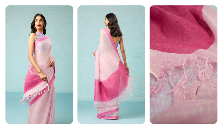 Pink Printed Pure Linen Saree