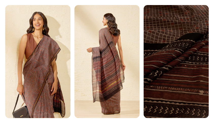 Brown Block Printed Silk Cotton Chanderi Saree: