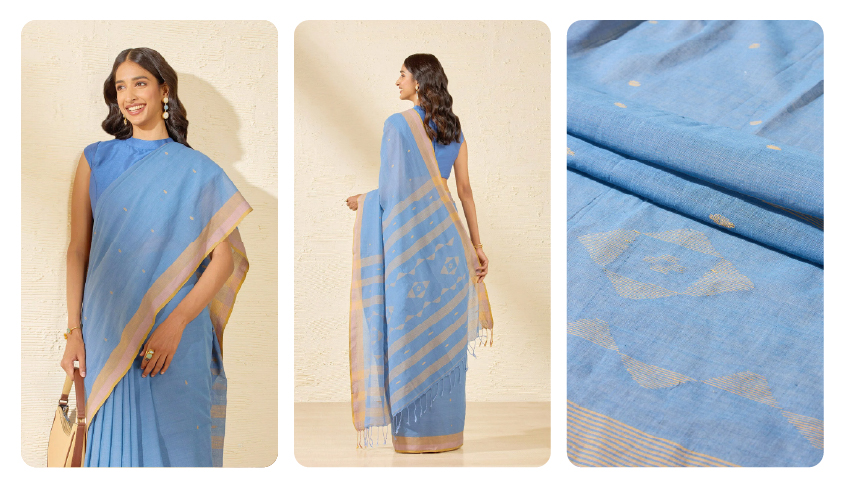 Blue Bengal Pure Cotton Jamdani Saree