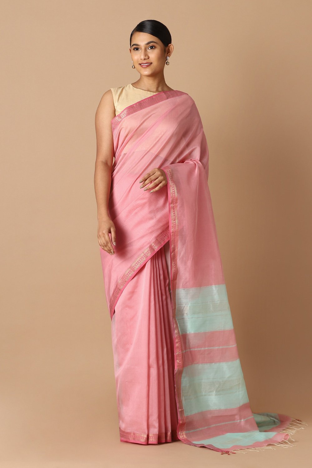 Pink Pure Silk Cotton Maheswari Saree