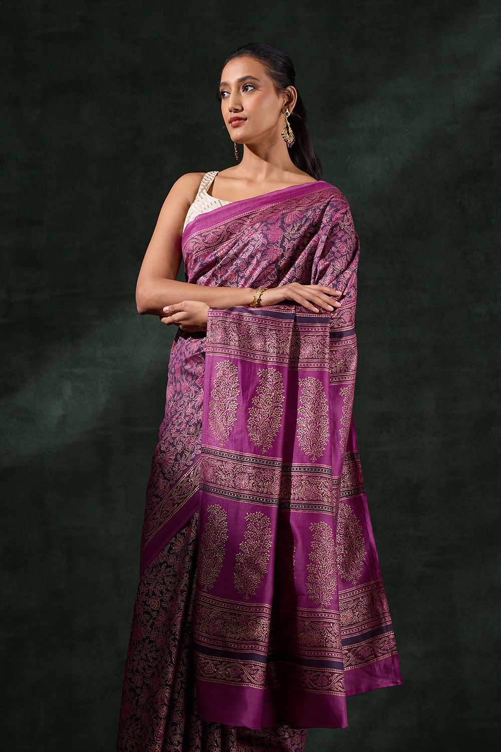 Purple - Hand Block Pure Mul Cotton Sanganeri Floral Print Saree 32
