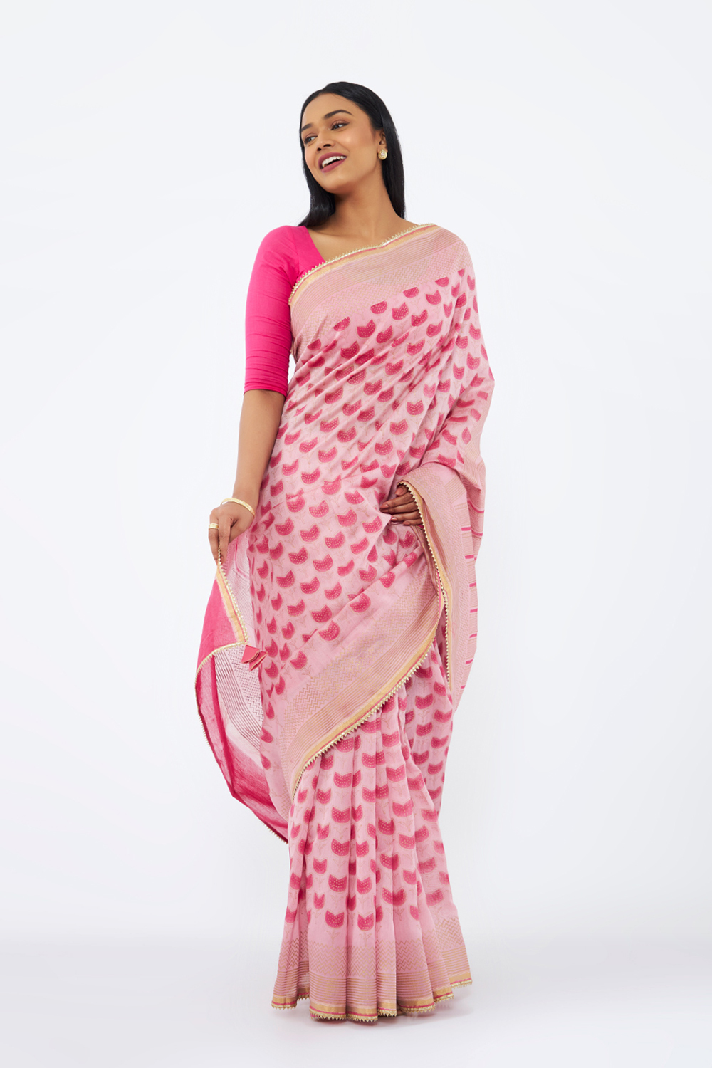 Pink Pure Silk Cotton Hand Printed Saree