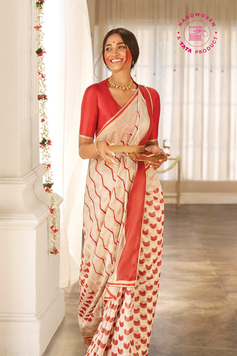 Off White and Red Pure Silk Cotton Hand Printed Saree