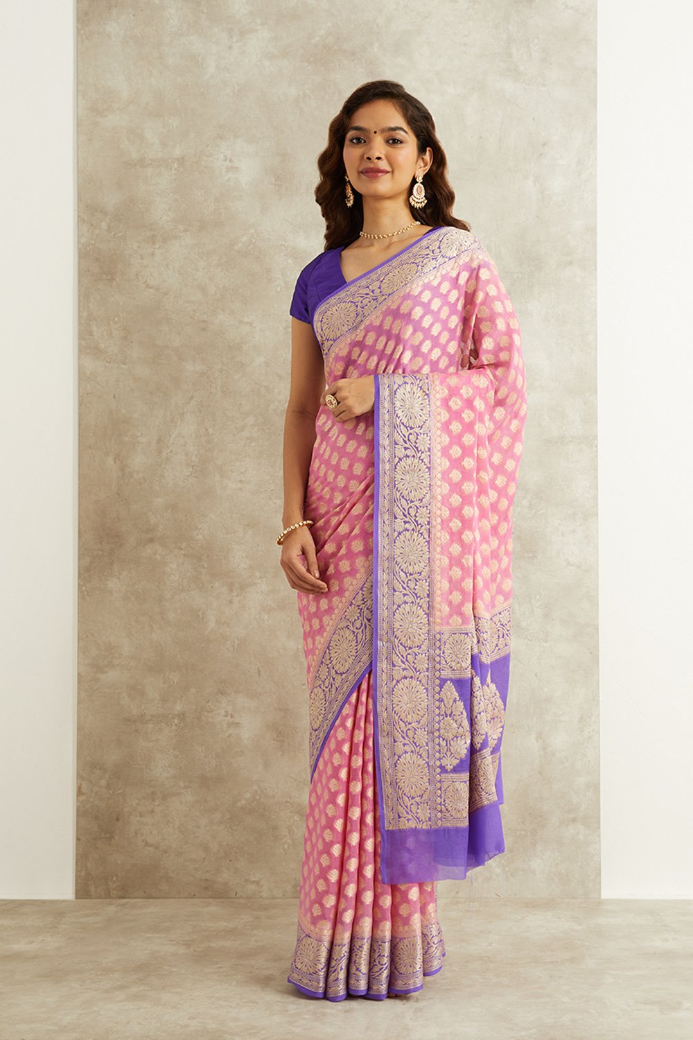 Pink Pure Silk Georgette Banarasi Cutwork Saree